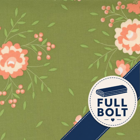Green fabric with a floral print featuring coral-pink flowers, green leaves, and small pink berries, with a navy diagonal band and a circular 'FULL BOLT' badge.