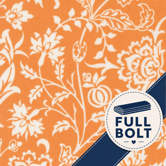 Orange fabric with a cream floral pattern, featuring a diagonal navy blue stripe and a circular white badge that reads 'FULL BOLT' with a small bolt icon.