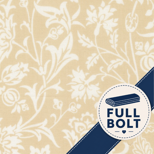 A close-up of a fabric pattern with a cream floral design on a warm beige background, overlaid with a dark blue diagonal band and a circular badge that reads “FULL BOLT.”.