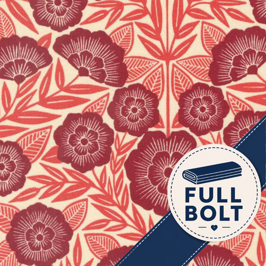 A close-up of a fabric pattern featuring dark red floral motifs and coral-red leaves on a warm cream background, with a blue diagonal ribbon and a circular white badge reading 'FULL BOLT' across the lower right.