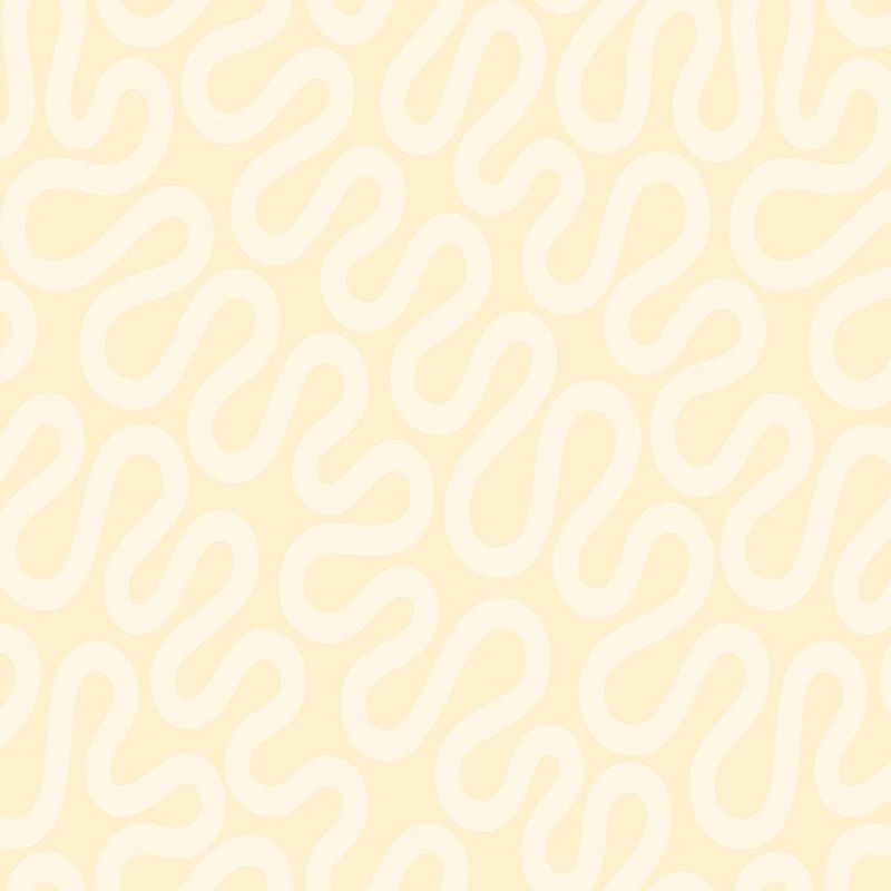A repeating abstract fabric pattern of wavy, snake-like curves in a light cream color over a pale pastel yellow background.