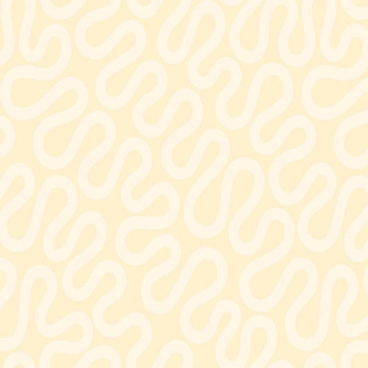 A repeating abstract fabric pattern of wavy, snake-like curves in a light cream color over a pale pastel yellow background.
