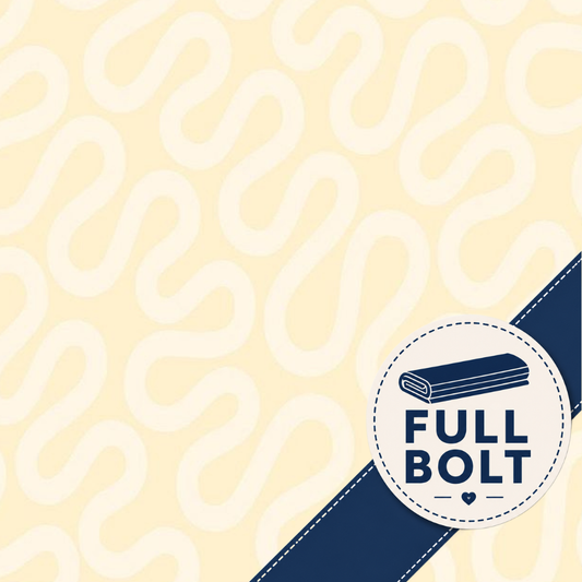 A fabric with a pale yellow background, a repeating wavy line pattern, a dark navy diagonal band across the lower right, and a circular badge reading “FULL BOLT” with an icon of folded fabric.
