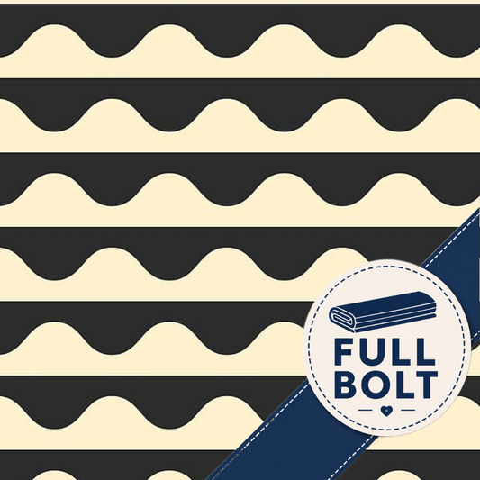A repeating fabric pattern with alternating horizontal wavy stripes in dark charcoal gray and warm cream, overlaid with a blue diagonal banner and a circular badge that reads 'FULL BOLT'.