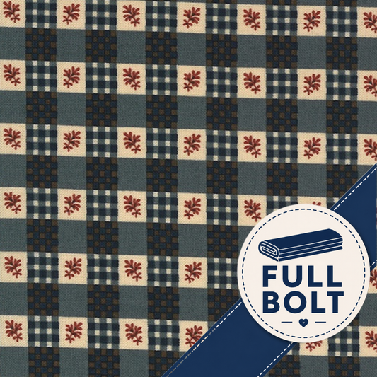 A close-up of a fabric pattern with a patchwork gingham design in navy, slate blue, beige, and red floral motifs, overlaid with a blue diagonal stripe and a white circular badge reading 'FULL BOLT'.