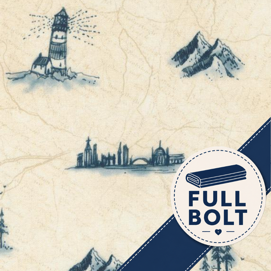 A close-up of a fabric pattern featuring a vintage-style map background in warm beige with navy blue illustrations of a lighthouse, mountains, a city skyline, and a diagonal branded stripe reading FULL BOLT.