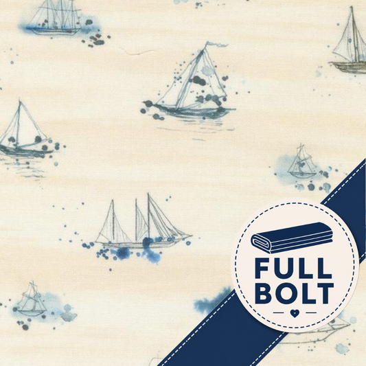 A close-up of a fabric pattern featuring illustrated sailboats in blue watercolor splashes on a warm cream background, with a dark blue diagonal stripe and a circular badge reading 'FULL BOLT'.