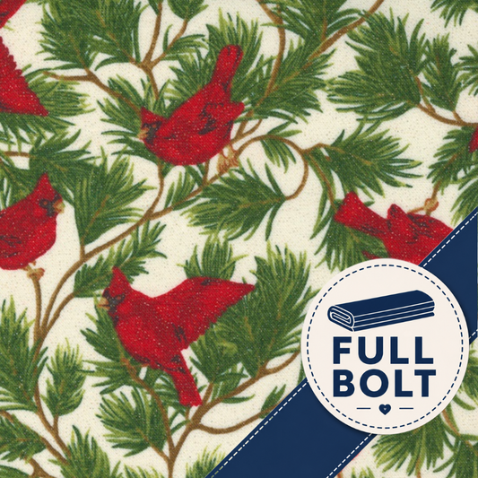 A close-up of a fabric pattern featuring red cardinals perched on green pine branches over an off-white background, with a blue and white 'FULL BOLT' label overlay in the lower right corner.