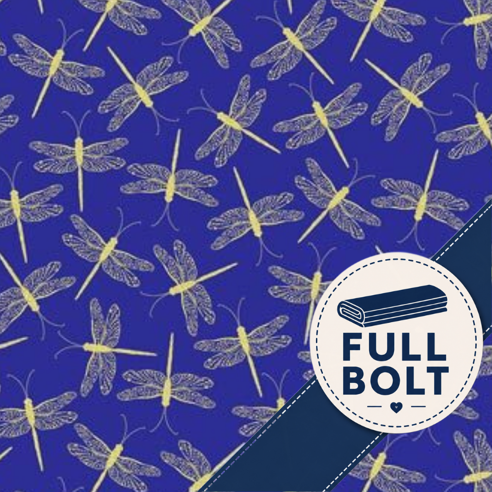 A fabric pattern featuring a repeating design of yellow dragonflies on a deep blue background, with a diagonal dark blue stripe and a circular badge reading 'FULL BOLT' in the lower right corner