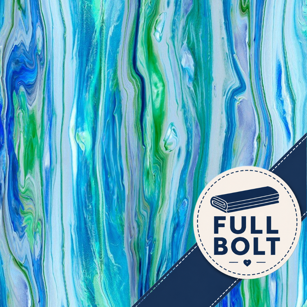 A close-up of a fabric pattern with vertical marbled swirls in blue, teal, aqua, and green, overlaid with a dark navy diagonal band and a circular badge reading FULL BOLT.