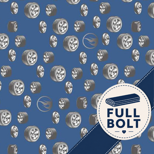 A blue patterned fabric featuring repeated silver wheels and tyres with hot wheel logo and a white circular badge with the text 'FULL BOLT' and a bolt icon.