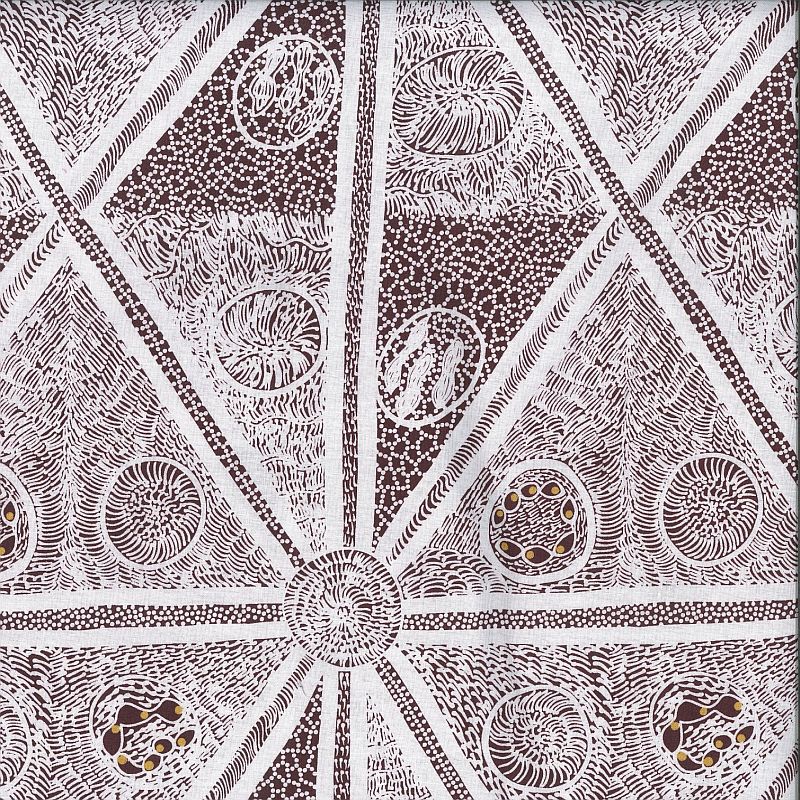 A square textile or fabric swatch featuring a detailed, symmetrical  Aboriginal pattern in dark burgundy and white, with geometric triangles, circular motifs, and dense dotted textures.