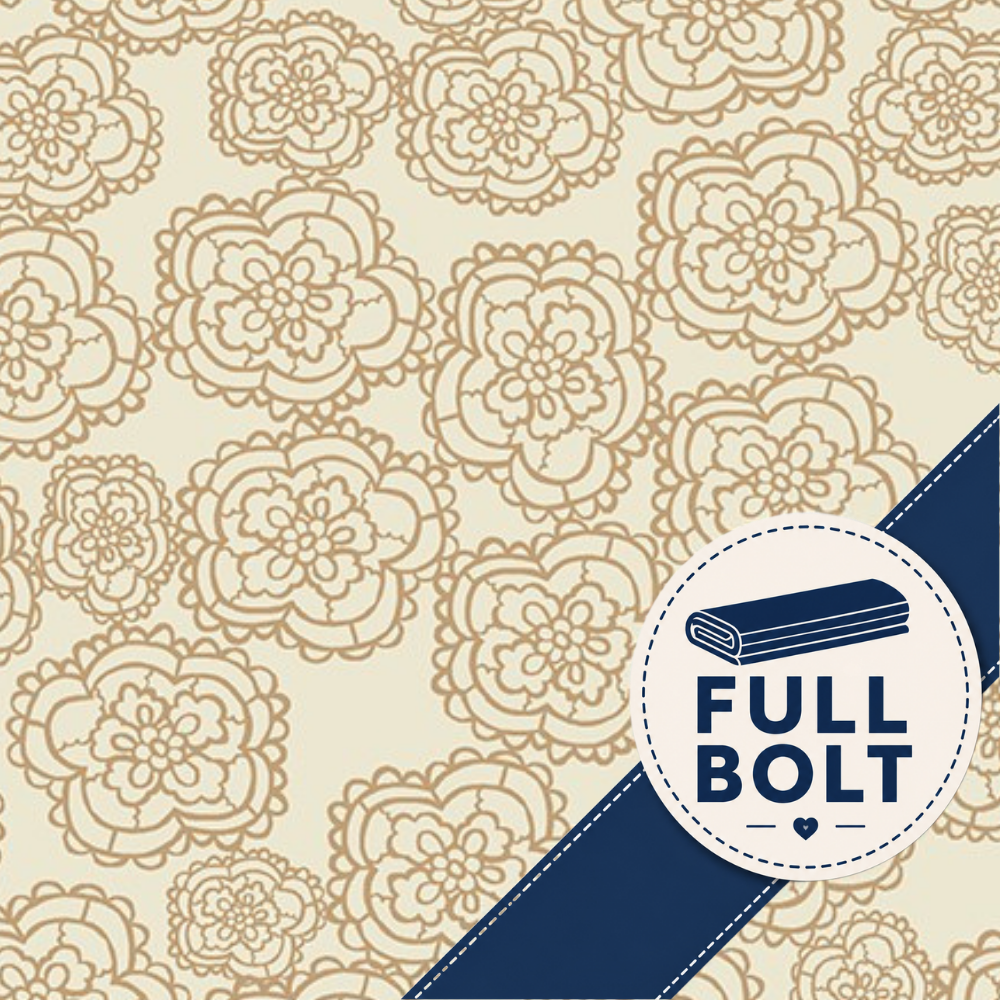 A fabric featuring a repeating tonal beige and tan floral mandala design on a cream background, with a dark blue diagonal banner in the lower right corner containing a white circular badge that reads 'FULL BOLT'.