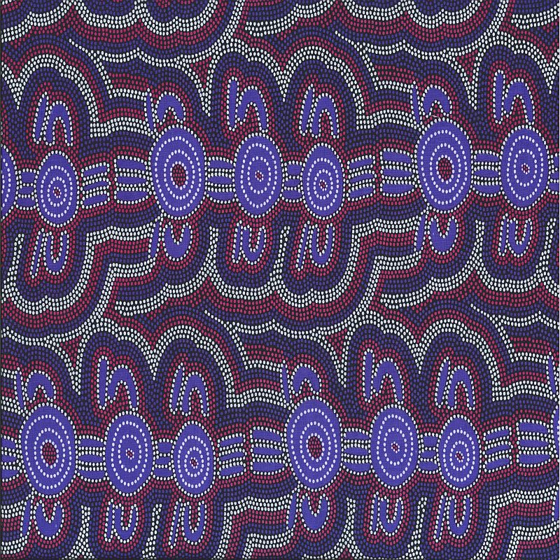 A repeating abstract pattern made of dense dots in blue, purple, red, navy, and white, forming circular and wavy motifs across the full frame.