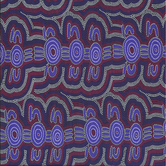 A repeating abstract pattern made of dense dots in blue, purple, red, navy, and white, forming circular and wavy motifs across the full frame.