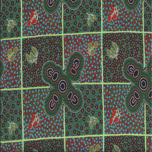 A close-up of patterned fabric with a patchwork design, featuring green, red, blue, and brown motifs separated by lime green grid lines.