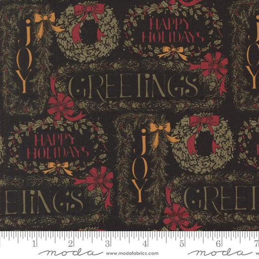 Christmas-themed fabric with wreaths, bows, and text on a dark background, featuring a Moda label.