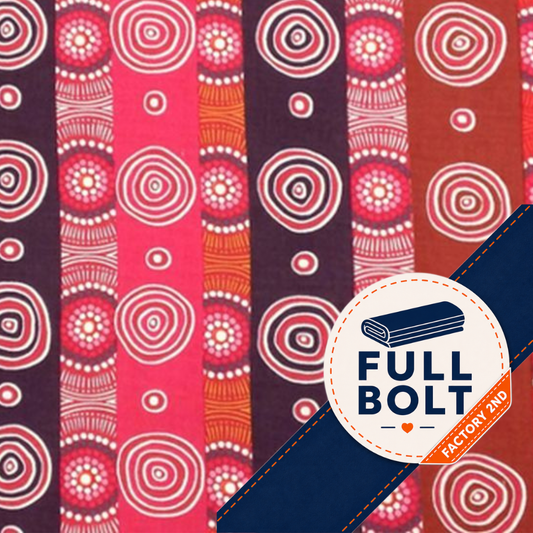 A close-up of a fabric or wallpaper pattern featuring vertical stripes with circular and dot motifs in pink, red, orange, brown, and dark purple. A dark blue diagonal banner overlays the bottom right corner, containing a circular badge that reads 'FULL BOLT' and 'FACTORY 2ND'.