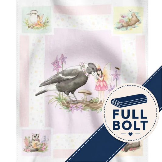 A full-length fabric panel featuring a whimsical woodland illustration with a magpie, fairy, flowers, and small animal portraits in pastel panels. A navy diagonal banner across the lower right reads 'FULL BOLT' with a folded towel icon.
