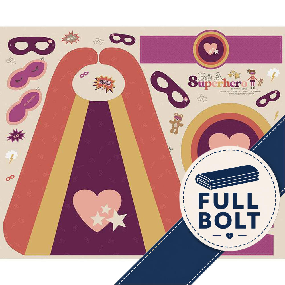 A children's superhero-themed play cape and mask set shown as a flat lay on a light beige background. The set includes a large A-shaped cape in orange, yellow, and purple with heart and star details, several purple masks, and a blue diagonal banner reading 'FULL BOLT.
