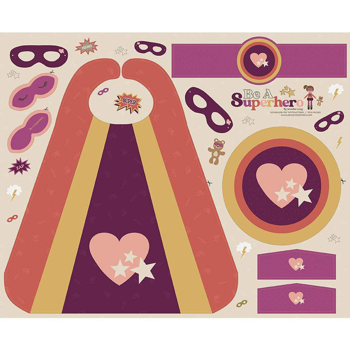  Afabric panel of a children's superhero-themed party decoration kit on a light beige background. It includes a large cape template with a pink heart and star design, matching purple and gold masks, a circular target, and several smaller matching paper cutouts and stickers.