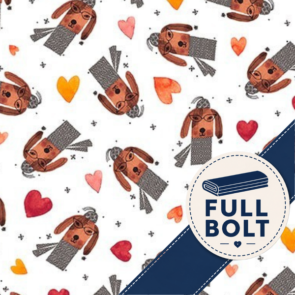 A repeating pattern of brown dogs wearing gray knit scarves, scattered orange and pink hearts, small gray crosses, and a dark blue diagonal stripe across the lower right. A circular badge with a folded blanket icon and the text 'FULL BOLT' is overlaid on the right side.