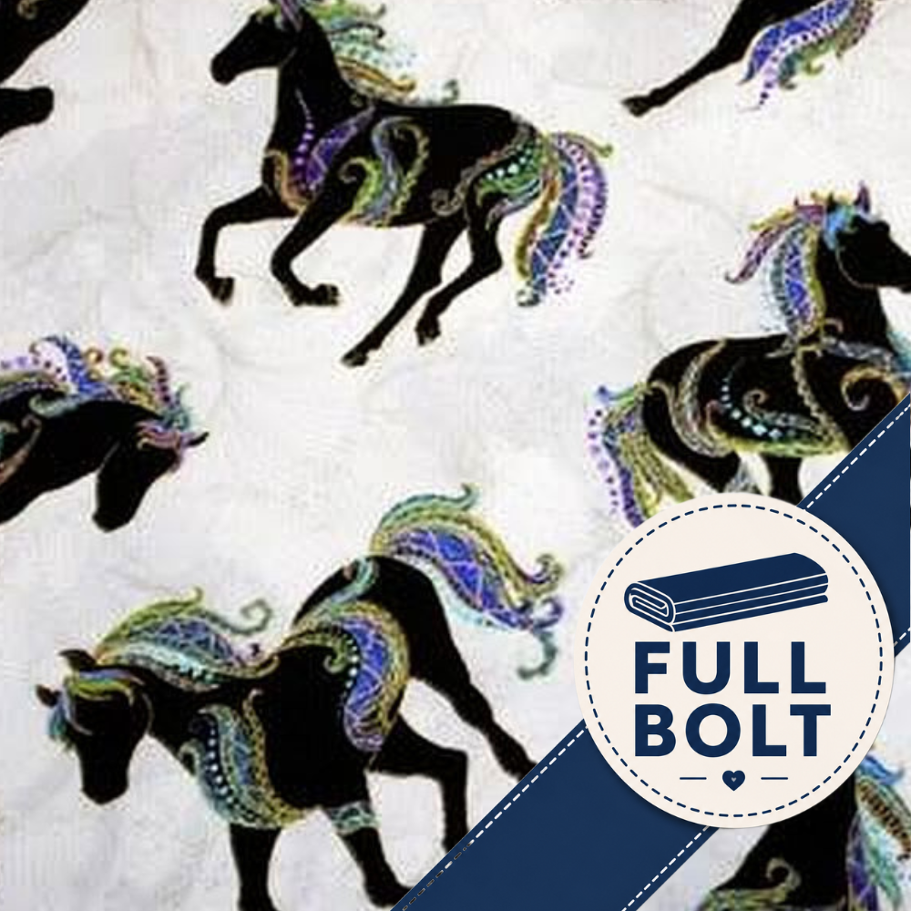 White fabric with a repeating pattern of black horses decorated with colorful purple, green, and blue swirls, plus a blue diagonal banner and a circular 'FULL BOLT' badge.