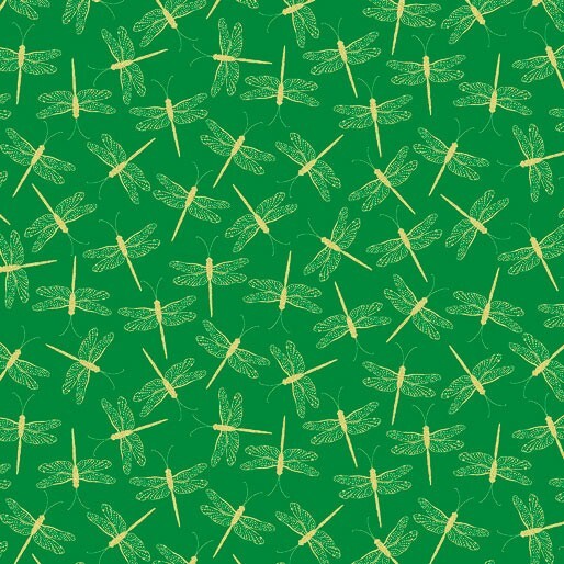 A repeating pattern of yellow dragonflies on a solid green background.