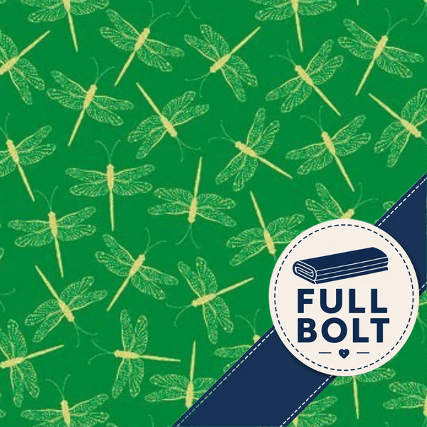 Green fabric with a repeating dragonfly pattern in pale yellow, plus a dark blue diagonal band and a white circular badge reading FULL BOLT.