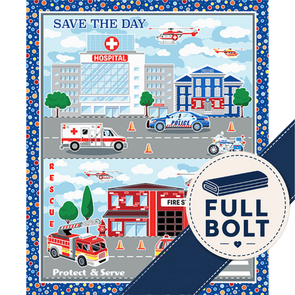 A fabric panel with a colorful emergency services illustration, including a hospital, ambulance, police car, fire station, helicopters, and a blue border. A large circular badge on the right says 'FULL BOLT' with a folded blue patch graphic.