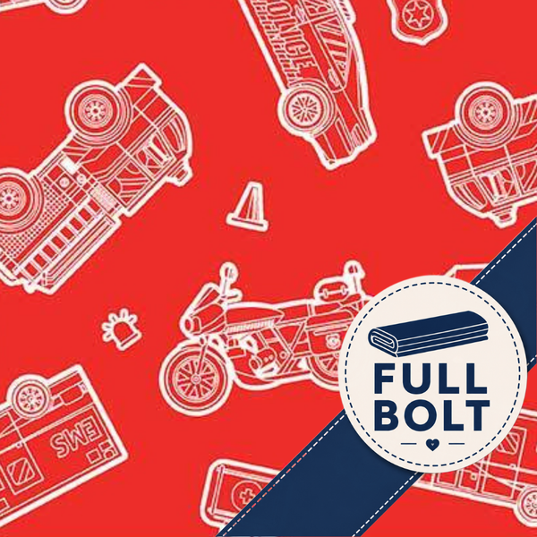 A red patterned fabric design featuring white line drawings of vehicles, including a motorcycle, car, fire truck, and a small cone, with a dark blue diagonal stripe and a circular white badge reading 'FULL BOLT'.