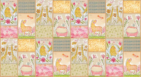 A repeating patchwork pattern featuring illustrated giraffes, birds, flowers, and pots in soft pastel colors including pink, yellow, beige, green, and blue.