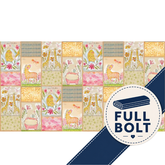 A patterned fabric panel with a patchwork design featuring giraffes, flowers, and pastel panels, shown on a white background with a navy diagonal banner and a circular 'FULL BOLT' badge.