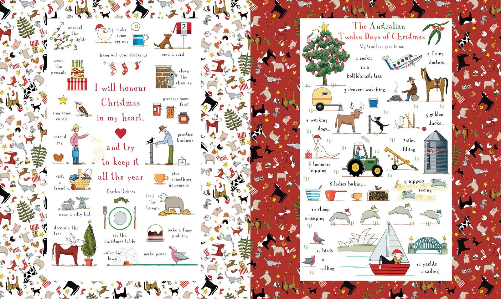 Two illustrated Christmas-themed fabric blocks side by side. The left block has a white background with many small holiday illustrations and the text 'I will honour Christmas in my heart.