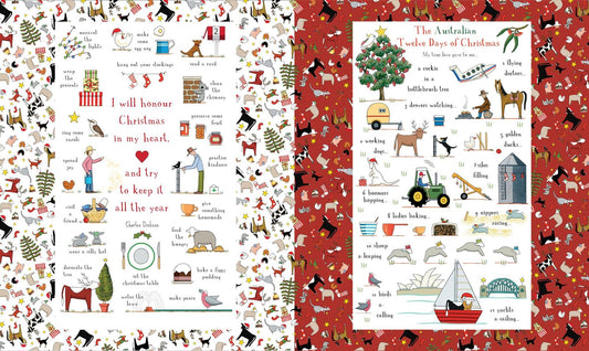Two illustrated Christmas-themed fabric blocks side by side. The left block has a white background with many small holiday illustrations and the text 'I will honour Christmas in my heart.