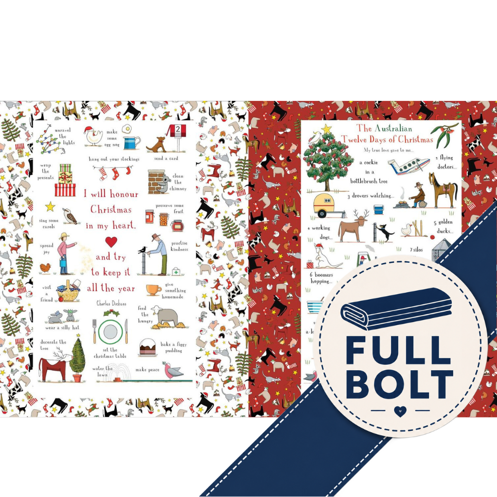 Two Christmas-themed printed  fabric panels shown on a white background, with a large circular badge reading FULL BOLT and a navy diagonal banner across the lower right. The left block has a white background with many small holiday illustrations and text; the right mat has a red background with similar illustrations.
