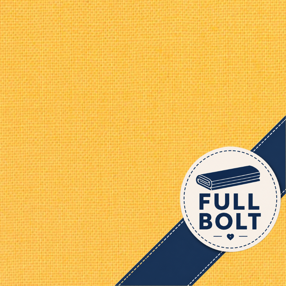 A close-up of a mustard yellow woven fabric texture with a dark navy diagonal stripe and a circular white badge reading "FULL BOLT" with a small rolled fabric icon.