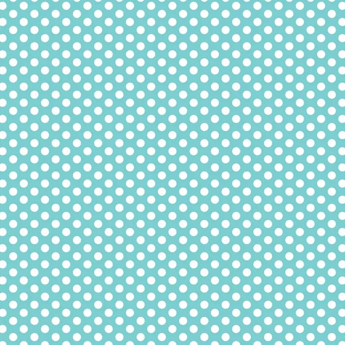 A repeating fabric pattern of small white polka dots on a light aqua/turquoise background.