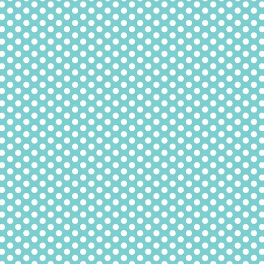 A repeating fabric pattern of small white polka dots on a light aqua/turquoise background.