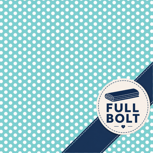 A repeating fabric pattern of white polka dots on a light aqua background, with a dark navy diagonal ribbon-like stripe across the lower right and a circular badge reading FULL BOLT with an illustration of folded fabric.