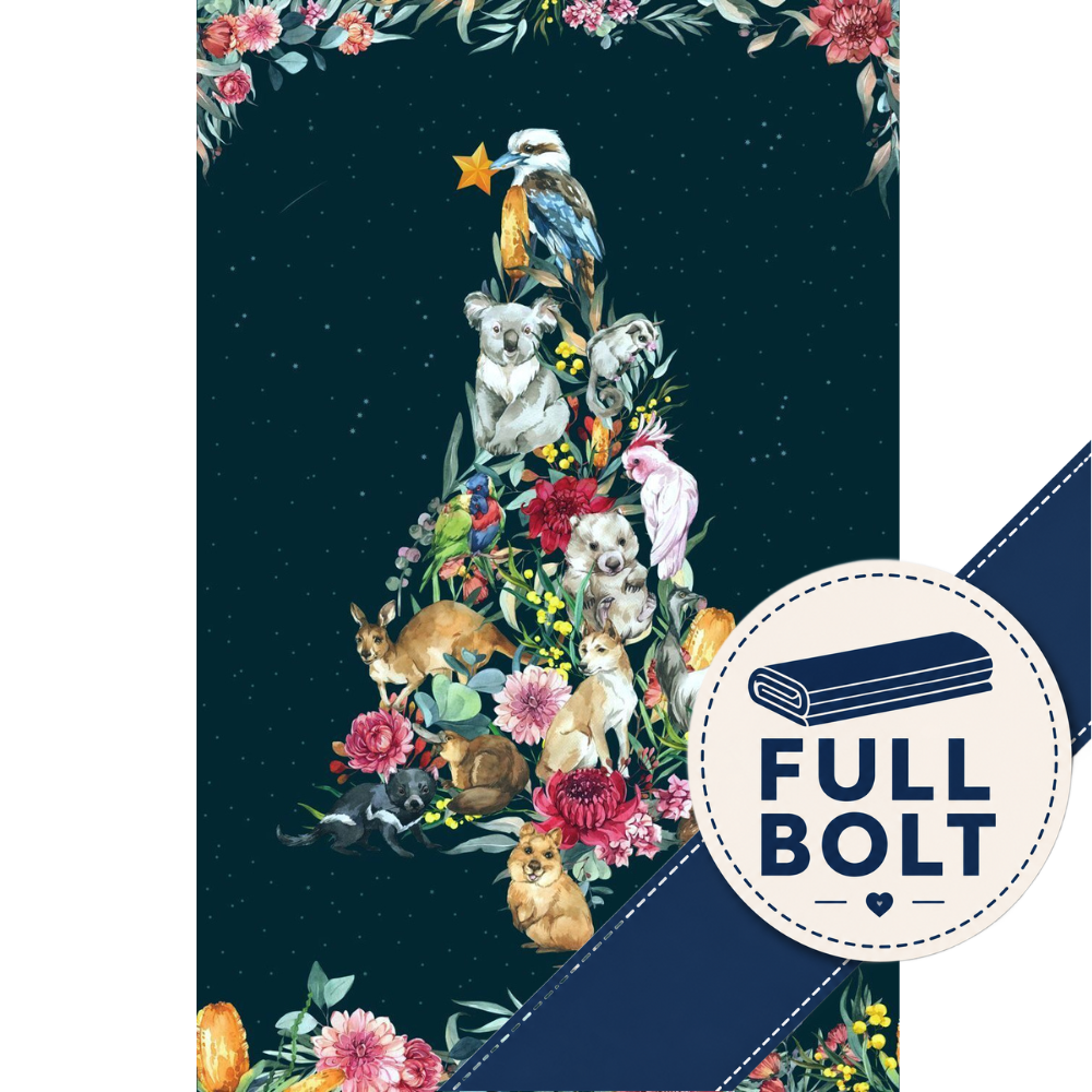 A fabric design featuring a Christmas tree made of illustrated animals, flowers, and birds on a dark navy starry background, with floral borders and a circular badge reading FULL BOLT.