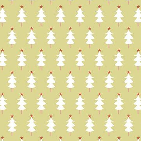 A repeating pattern of white Christmas trees with small red star tops on a green yellow background.