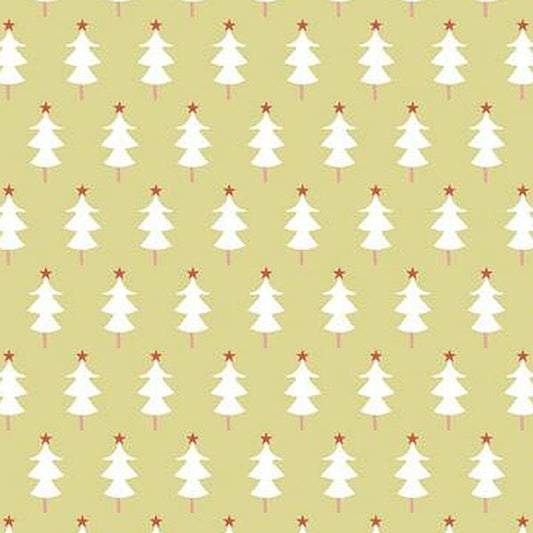 A repeating pattern of white Christmas trees with small red star tops on a green yellow background.