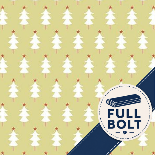 A repeating Christmas tree pattern on a pale yellow green background, with a dark blue diagonal banner across the lower right and a circular badge reading FULL BOLT.