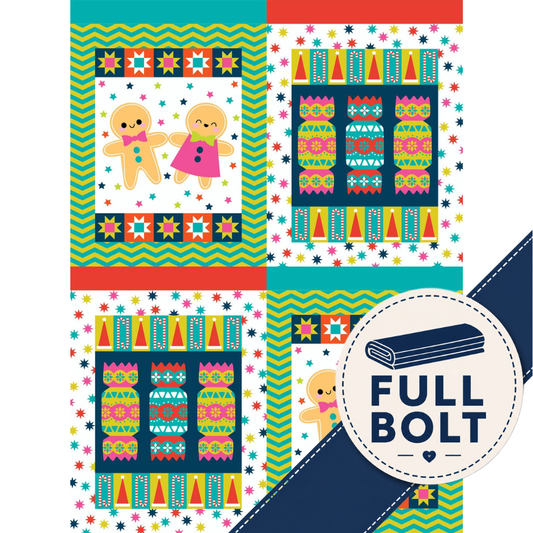 A colorful christmas quilt block patterned fabric t shown in a 2x2 collage layout with a circular badge reading FULL BOLT. The design features geometric borders, repeating pattern blocks, and gingerbread-themed illustrations on a white background.
