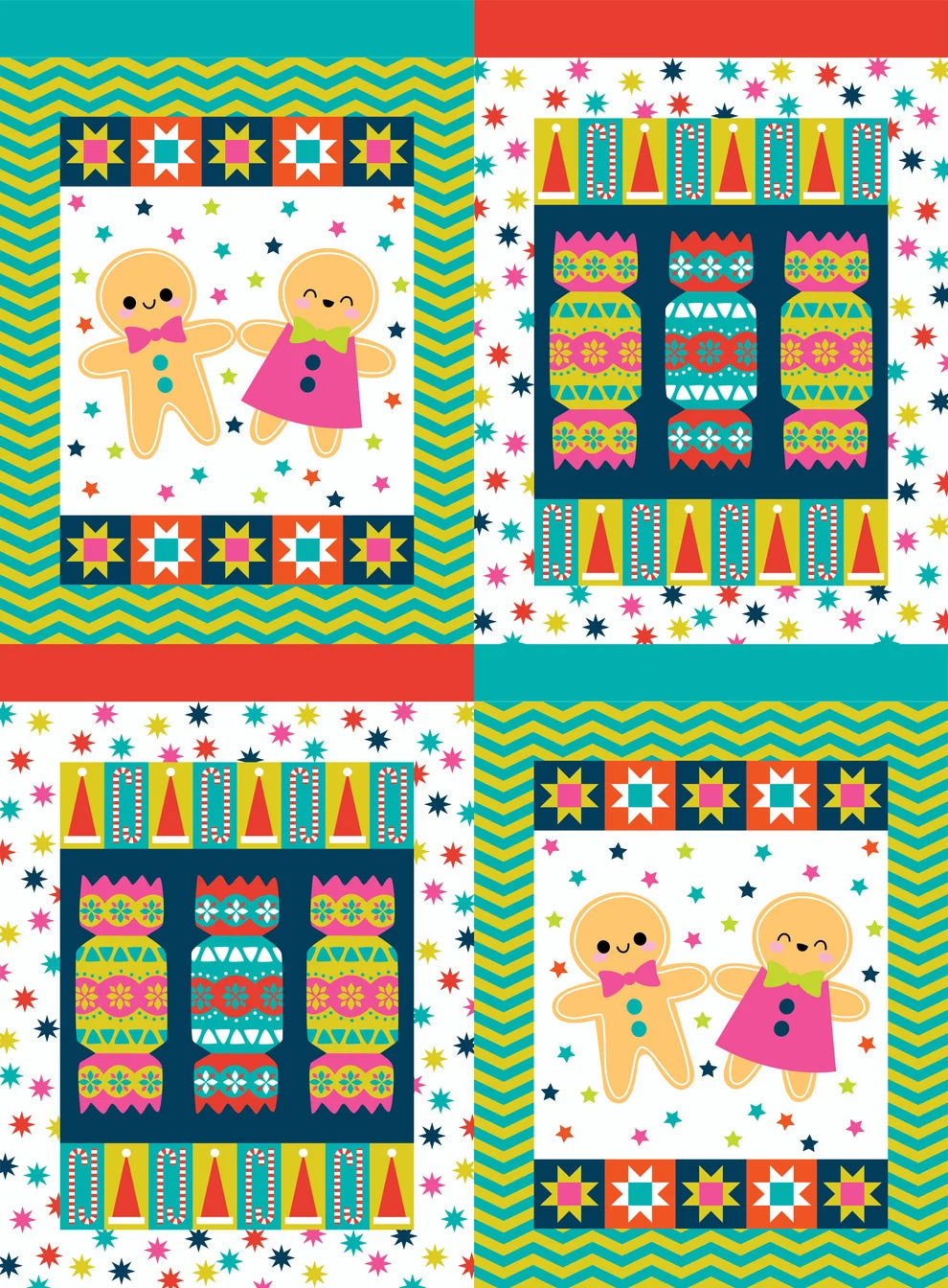 A 2x2 grid of colorful holiday illustrations. The top-left panel shows two gingerbread cookies holding hands, and the bottom-left panel shows a patterned bon bon crackers window.