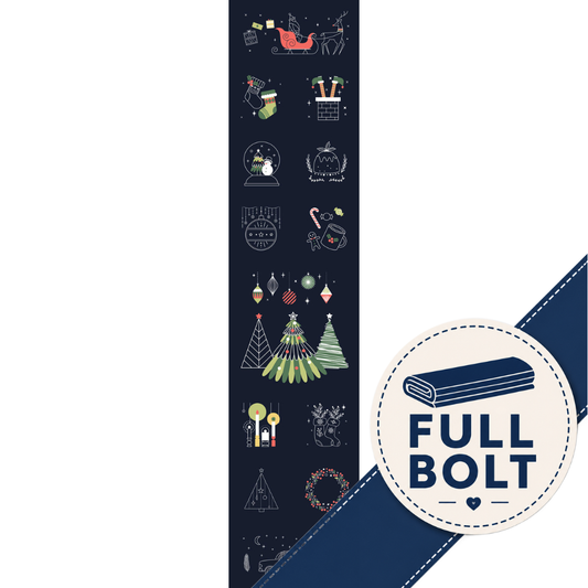 A vertical navy blue fabric strip with small Christmas-themed stitchery line illustrations, shown next to a circular badge that reads FULL BOLT and a diagonal navy ribbon graphic on a white background.
