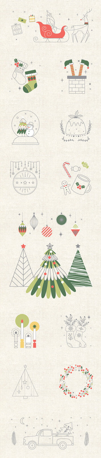 A collection of small Christmas-themed stitchery art illustrations on a light cream background, including a sleigh, stockings, gift boxes, a snow globe, pumpkins, ornaments, trees, houses, reindeer, a wreath, and a truck.