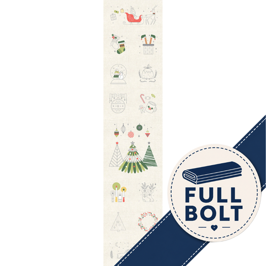 A long narrow fabric panel with a Christmas-themed stitchery print, shown on a cream background with a navy diagonal banner and a circular badge that reads FULL BOLT.