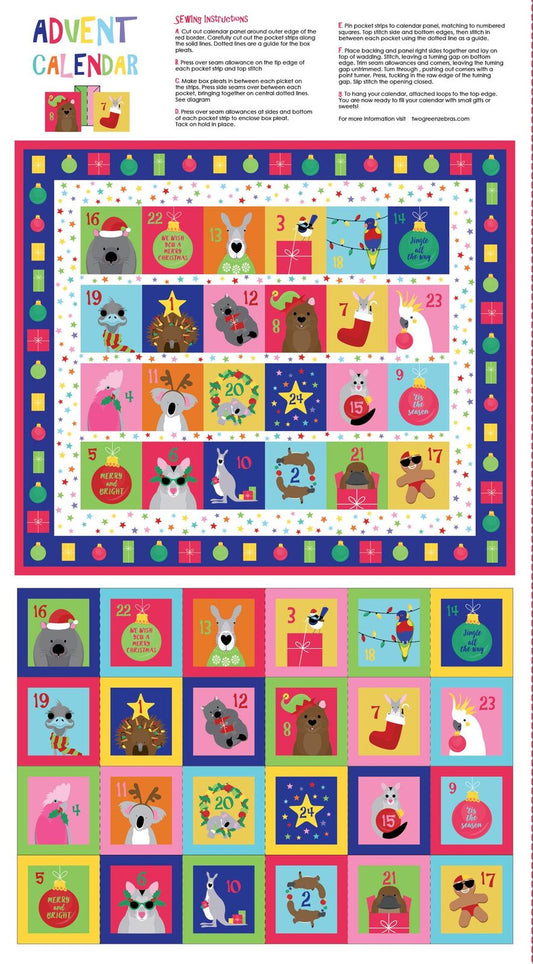 A colorful Christmas advent calendar page with a large main calendar grid, a smaller inset calendar, and printed instructions at the top. The calendar features many illustrated holiday-themed squares with animals, ornaments, stars, gifts, and numbers, all on a white page with a pink border.